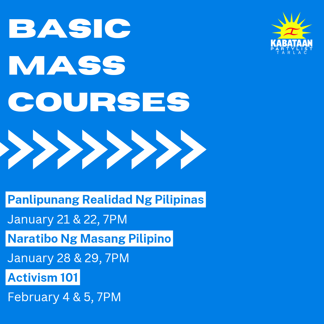 KPLTarlac's tweet photo. BACK 2 SCHOOL: BASIC MASS COURSES FEST

Laganap pa rin ang pananamantala sa mga aping sektor ng lipunan kaya lalo pa dapat manatili ang diwang palaban ng Kabataan para sa pagsulong ng mga batayang karapatan ng mamamayan!

Magrehistro na rito: https://t.co/eMZABZarsi https://t.co/JgXLOhtpYc