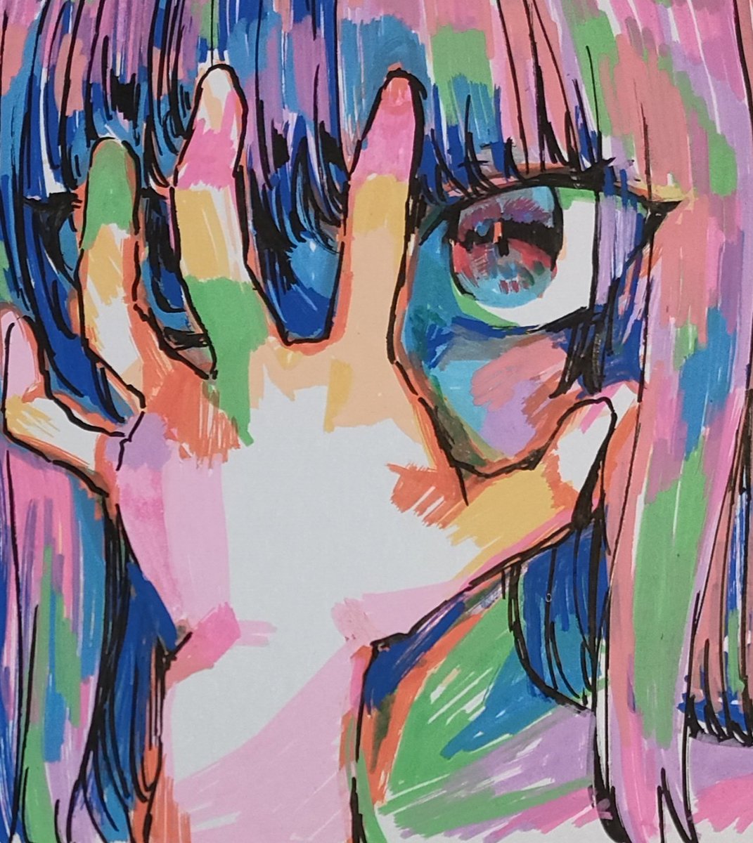 1girl solo bangs pink hair portrait looking at viewer colorful  illustration images