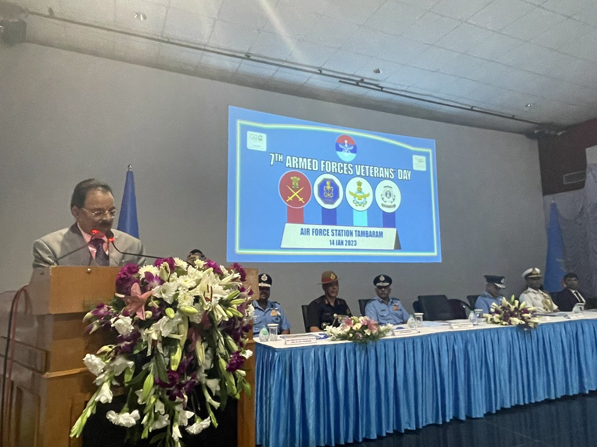 Def_PRO_Chennai's tweet photo. Hon’ble Minister of States for Defence Shri @AjaybhattBJP4UK addressing the 7th Armed Forces Veterans Day at Air Force Station, Tambaram now. @pibchennai @DIAV20 @SpokespersonMoD @DefenceMinIndia @NAVYESM @DDNewsChennai @airnews_Chennai @DefenceAccounts @DefenceMinIndia https://t.co/QQpdFgJM2y