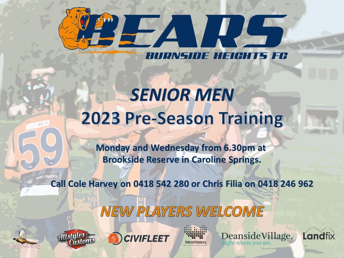 Our Senior Mens teams re-commence their prepartion for season 2023 when Pre-Season Training starts on Monday the 16th January.

Training will be held at Brookside Reserve in Caroline Springs each Monday and Wednesday from 6.30pm.

#preseason #training #bears #bhfc2023