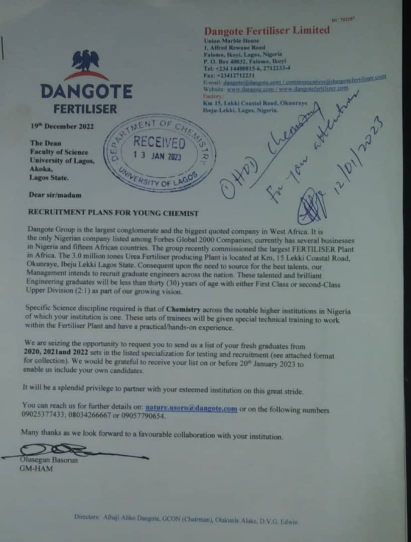 Realoilsheikh's tweet photo. Dangote Fertilizer Company looking for Chemistry graduates. https://t.co/aU2kzIFVfV
