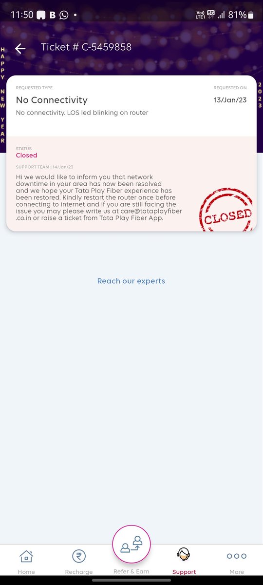 kaustubh_w's tweet photo. @tataplayfiber @reliancejio The AUDACITY. The complaint I raised yesterday is closed WITHOUT resolving the issue. Brand Tata has never been this low. Guess 1st time for everything. https://t.co/l1e8ssa2vo