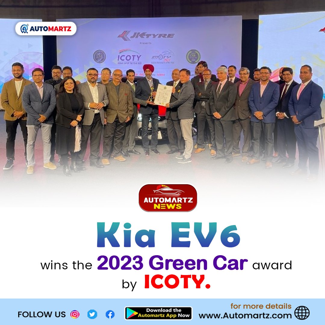 AutoMartz's tweet photo. The #Kia EV6 has been crowned the 3rd Green Car #Award winner.
.
#Automartz #kiaindia #kiamotors #StevenSpielberg #Awesome5G Bihar #SaturdayVibes #WaltairVerayya #Samsung #TataMotors #ThunivuPongalWinner #VeteransDay https://t.co/zKVfiOK3Wq