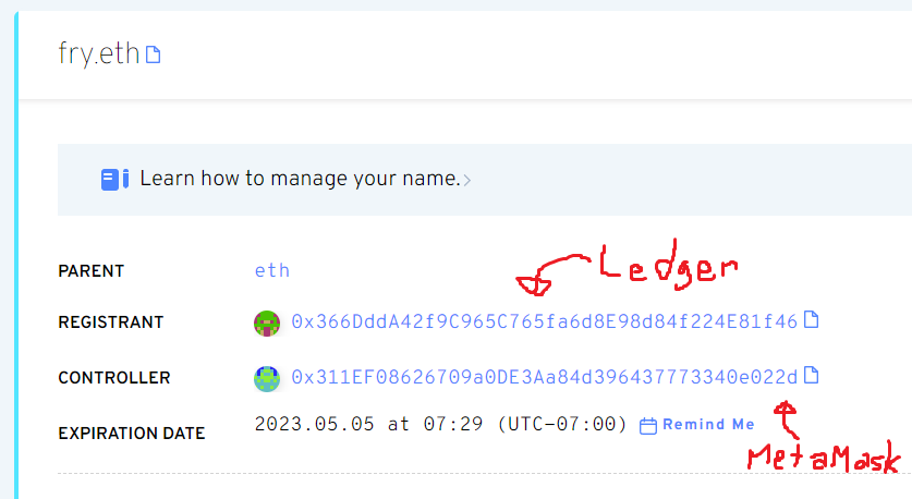 notfrydoteth's tweet photo. Friendly reminder to store all your valuable crypto/NFT/ENS assets on a hardware wallet like @Ledger 

For ENS domains, simply set the "Registrant" to your hardware wallet's ETH address and you're safe.

I usually keep my hot wallet as the "Controller" for convenience. https://t.co/x2SABaqLYr