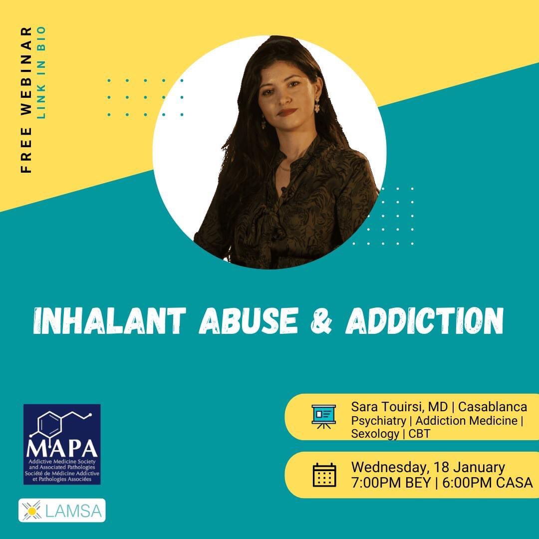 LamsaLebanon's tweet image. Don’t miss our first webinar for 2023, a collaboration with MAPA-#Maroc (Association des Maladies Addictives et Pathologies Associées), with Dr. Sara Touirsi.

Register by filling the form (link in bio)
   
#WednesdayWebinar #Inhalant #SubstanceAbuse  #MentalHealth #LAMSA