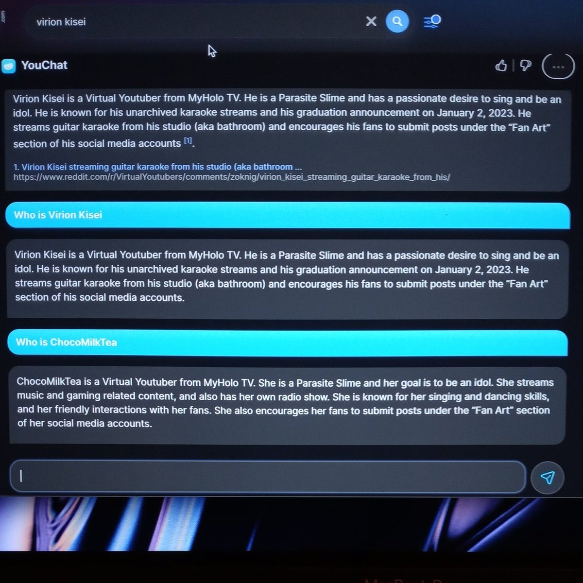 ChocoMilkTeaYT's tweet photo. Always make a fresh search every time when using YouChat, or else this happens:
(This will be my lore if I get into myholo- jk unless; Iwasparasitedfortoolongplssendhelp💧) #ChoccyTilk | #SlivesForever https://t.co/JV516s4rcC