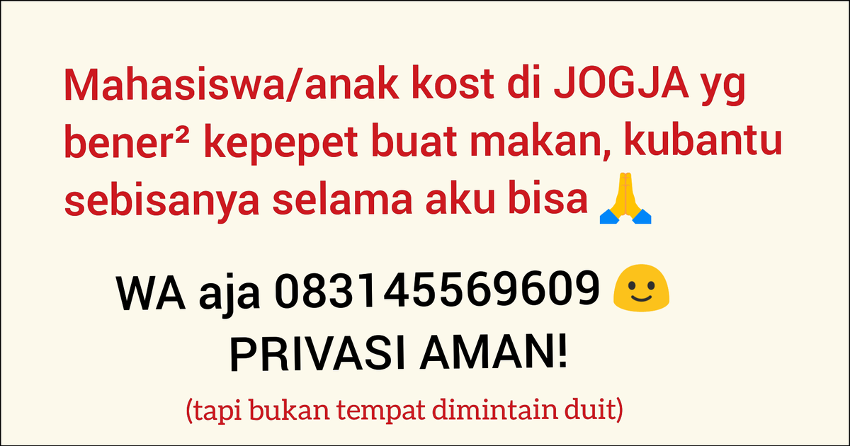 nasidaruratJogj's tweet photo. @txtdrimedia Maaf kalau sok jadi pahlawan kesiangan 😭😭

Tp mumpung rame, kalau memang ada yg lg kepepet bgt, aku cuma bisa kasih nasbung seadanya. Lebih baik makan seadanya daripada nahan laper seharian.
Atau kalau ada yg kelebihan stok beras, mie, telor, dll, aku siap masakin buat ku drop. https://t.co/I6Xe6espbb