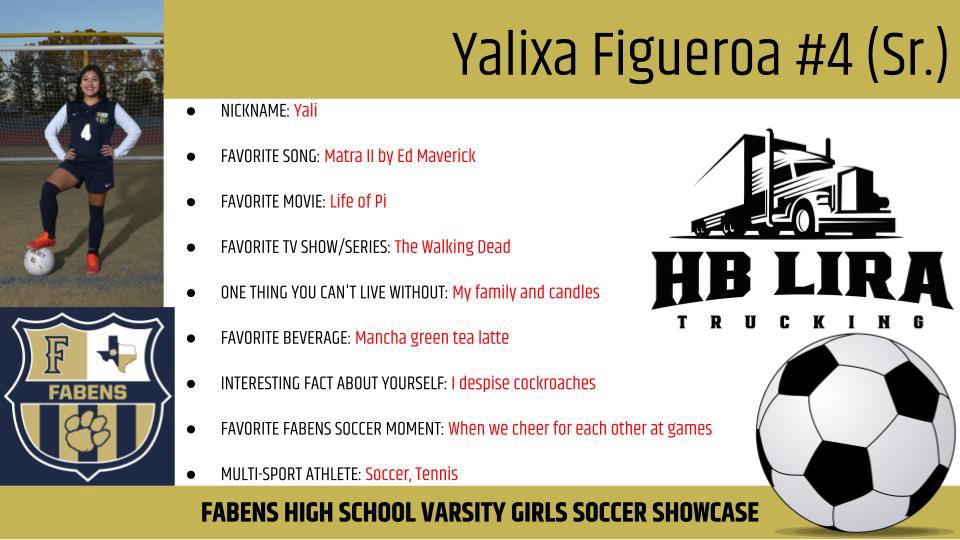 FISDgirlsSOCCER's tweet photo. ⭐️⚽️VARSITY SOCCER SHOWCASE 2023⚽️⭐️

Player Name: Yalixa Figueroa 
No. #4
(⭐️ Captain)
Position: Midfield, Defense
Banner Fundraiser Sponsor: HB Lira Trucking
C/o 2025
📲 @yalixa_figueroa 

#year2remember https://t.co/RkQjFDF9lt