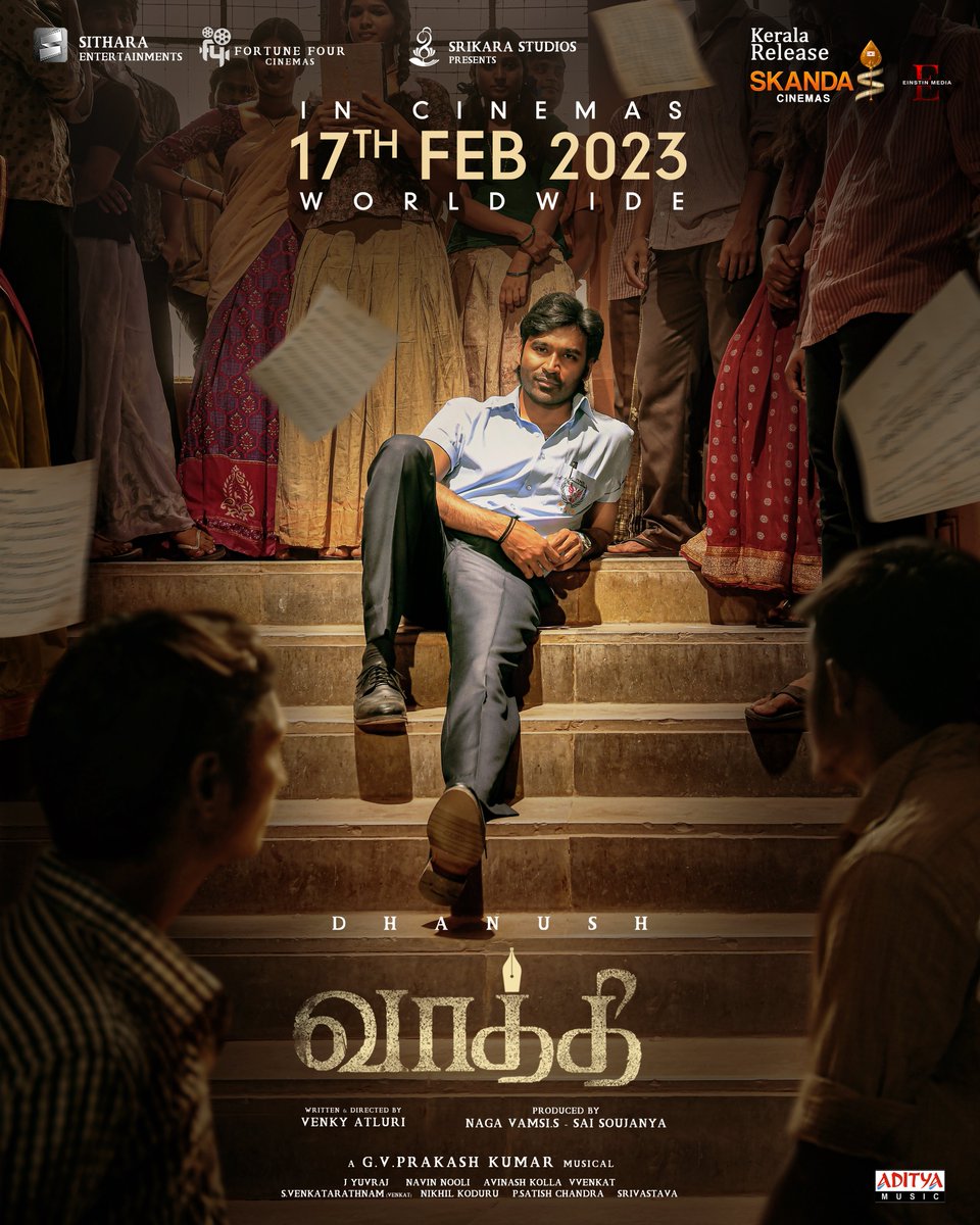 SkandaCinemas's tweet photo. Incredibly glad and thrilled to share the news of our association with @SitharaEnts to release #Vaathi starring our @dhanushkraja Sir across Kerala! 

#VenkyAtluri @iamsamyuktha_ @gvprakash @dopyuvraj @NavinNooli @vamsi84 #SaiSoujanya @Fortune4Cinemas #SrikaraStudios @adityamusic https://t.co/8n39fzsV9Q