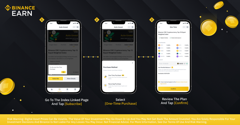 binance's tweet photo. #Binance recently added One-Time Purchases for the Auto-Invest Index-Linked Plan! 

Here's a guide on how to get started ⤵️