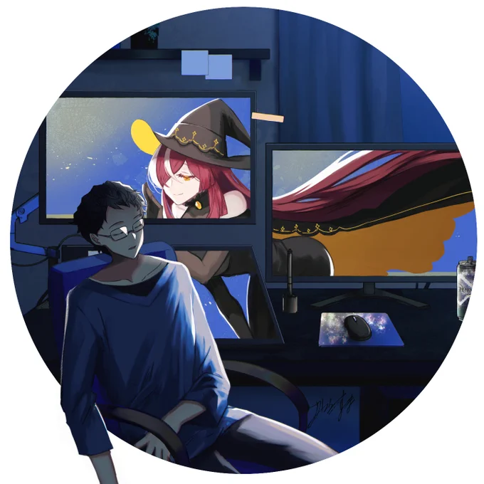 【 #Skeb 】コユキさんのオリジナルキャラを描かせていただきました。嫁のために夜中まで作業を頑張っていた鳥羽さんと、それを見守っているイデアさんというシーンをイメージしました。リクエストありがとうございました!※書き出しミスでの再納品失礼しました 