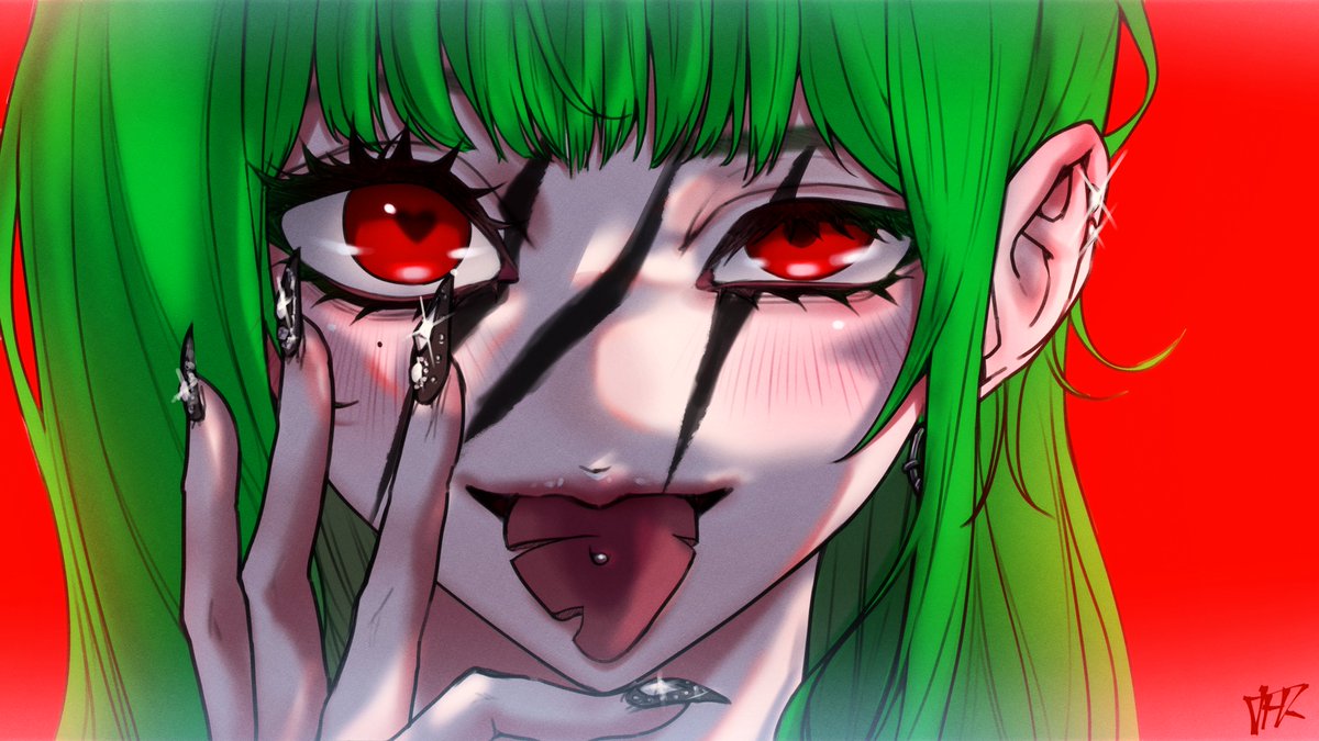 1girl tongue tongue out piercing green hair red eyes solo  illustration images