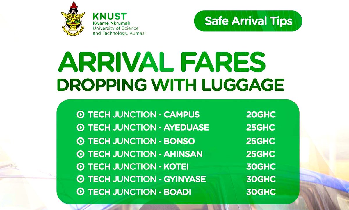 📍📍ATTENTION STUDENTS 📍📍 Below are the FARES for the various places on and off campus from Tech - Junction as Freshers arrives❗👀