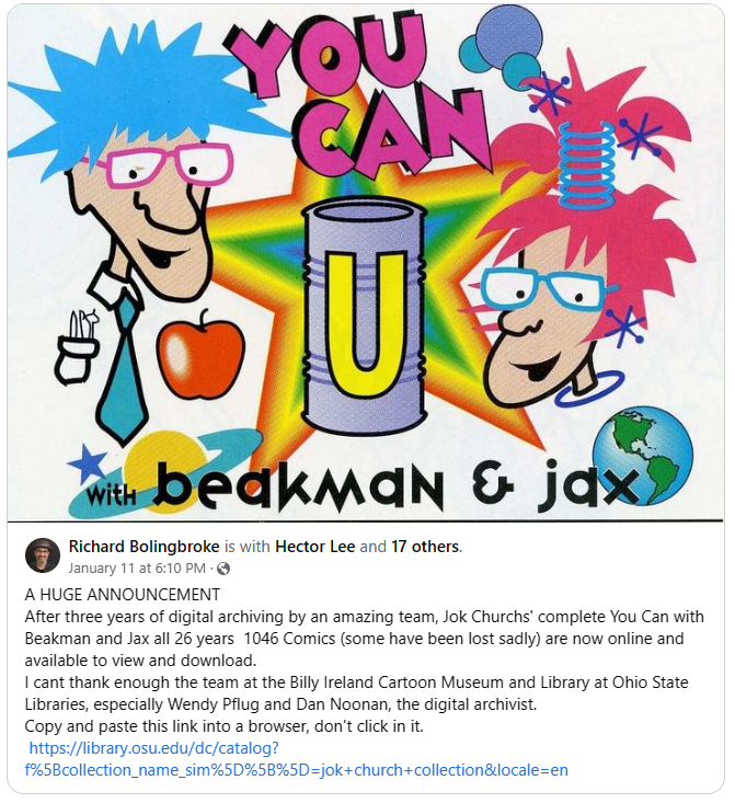 BeakmanFans's tweet photo. Richard Bolingbroke, executor of the Jok Church estate and the Ohio State University's "Billy Ireland Cartoon Library &amp; Museum", have opened the "Jok Church Collection" archive, with 1046 of Jok's Beakman comics.

"Jok Church Collection" archive
* https://t.co/mrNsGUU8HW https://t.co/y4l5mhYb5y