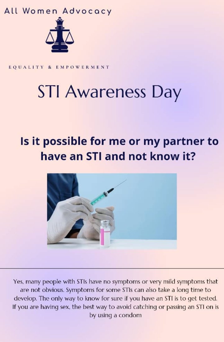 Common symptoms of STIs may include but not limited to:
#VaginalDischarge 
#UrethralDischarge
#BurningSensation when passing out urine
#GenitalUlcers 
#AbdominalPain
HOWEVER A PERSON CAN HAVE AN STI WITHOUT SHOWING SYMPTOMS

Get regular sexual health checks
#STIAwarenessDay