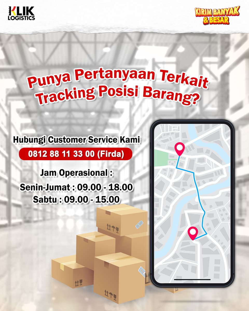 Cari tahu posisi barang pengiriman jadi lebih mudah dengan layanan Customer Service Tracking. Jangan lupa untuk hubungi di jam operasionalnya ya!

#jasakirim #jasaekspedisi #cargodarat #cargolaut #sewakontainer #pengirimankontainer #kirimmobil #sparepart #kirimmotor
