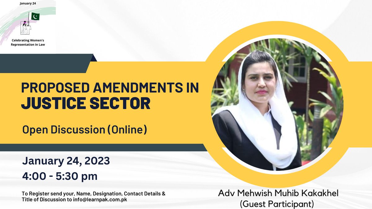 NidaUsmanCh's tweet photo. Representing the KP chapter of @WomenInLawPk is @Mehwishkakakhel in the first online discussion on #JusticeSectorReforms on January 24th. Register Now to attend! https://t.co/ETDurmGZm8