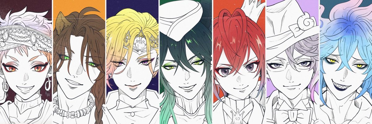 multiple boys 6+boys green eyes blue hair red hair male focus jewelry  illustration images