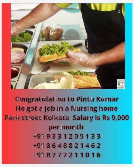 Congratulation Pintu Kumar
Name.Pintu Kumar
got job Nursinghome
post foodserver in this company
Salary9k+lodging+food. place Parkstreet
8648821462
8777211016
you can visit ouroffice
Ideal Career Zone
128/12A,BidhanSrani ShyamBazaar metro GateNo1GandhiMarket Behind SajjaDhaam
Kol4