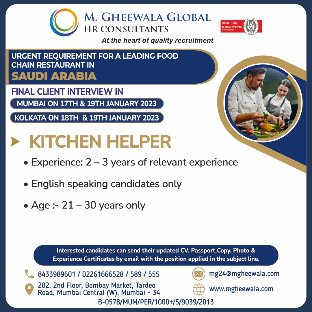 mgheewala_hrc's tweet photo. Job Vacancies for #Saudiarabia
Interested Candidates can send the updated resume to mg24@mgheewala.com
Learn More https://t.co/Ps4bxv2mB1
#helper #kitchenhelper #helperjob #kitchenservice #hotelmanagement #food #foodindustry #gulfjobs #saudijobs #jobsinsaudi https://t.co/7eSJXqwCD4