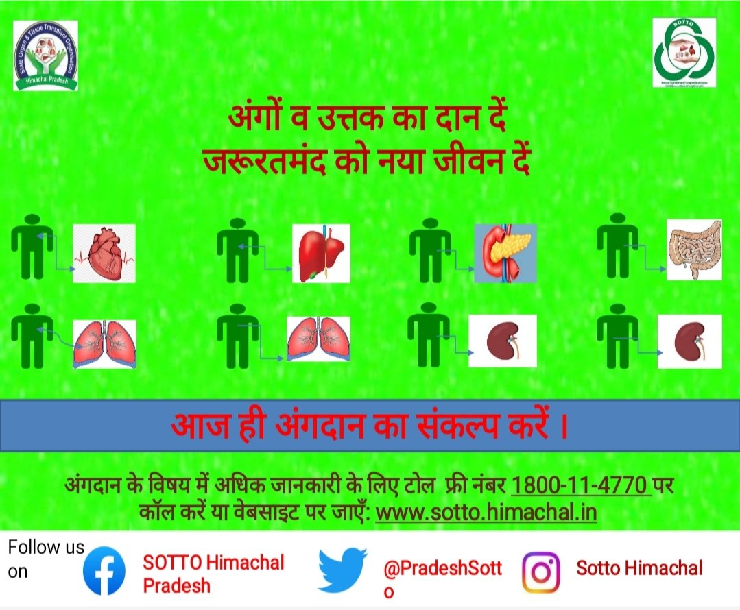 PradeshSotto's tweet photo. अंगदान के प्रोत्साहन में सब मिलकर सहयोग कीजिए। अंधविश्वास और भ्रान्ति को समाज से दूर कीजिए। दयालु बनें और अंगदान करें। #OrganDonation #SwasthaBharat
#AmritMahotsav #PledgeToday
#SottoHimachal https://t.co/c8Xt2761Am