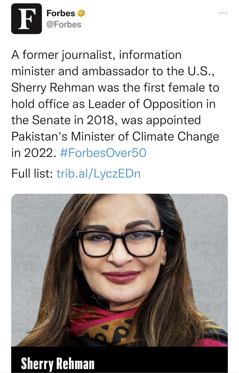 Minister for Climate Change, Senator @sherryrehman has been included in @Forbes #ForbesOver50 List 
🇵🇰