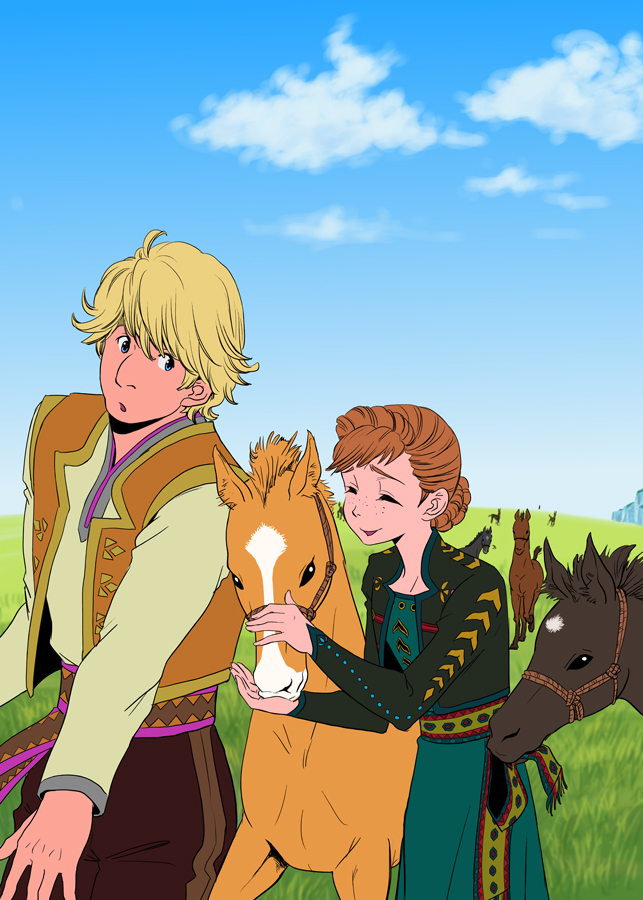 Fujimaru26's tweet photo. 仔馬とアナ女王
隣の人、絵本で馬の世話するお城の人が良かったんですけど絵本引っ張り出してくるの面倒くさくてクリストフになったよ
無職？ https://t.co/LfgU6Zc2i6