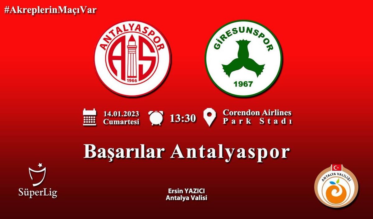 Süper Lig’in 19’uncu haftasında Giresunspor ile karşılaşacak olan #Antalyaspor’umuza başarılar diliyorum. 

#AkreplerinMaçıVar