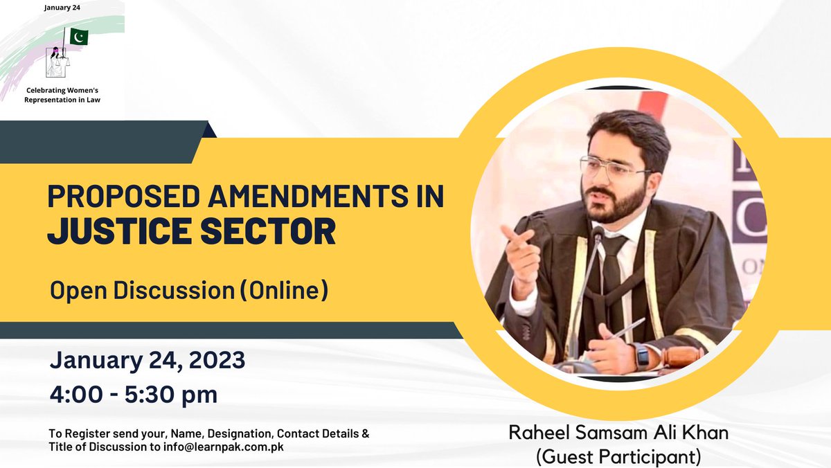 NidaUsmanCh's tweet photo. Representing young lawyers association, we are delighted to share that Raheel Samsam Ali Khan will also be joining us as a guest participant on January 24th at the online discussion on #JusticeSectorReforms. https://t.co/XvnBZwAVCz