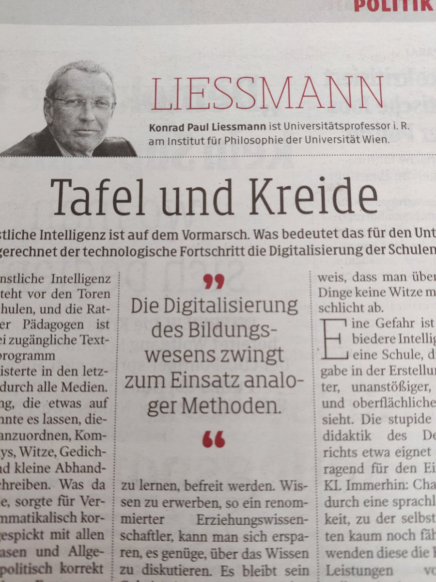 #arsboni im Ohr und die heutige <a href="/kleinezeitung/">Kleine Zeitung</a> am Frühstückstisch - zum Glück ist #Liessmann emeritiert und Prof. <a href="/nikolausf/">Nikolaus Forgó</a> hochaktiv - möglicherweise in Zukunft auch ein interessanter, jedenfalls bitter notwendiger Blickwinkel für eine ausgewogene Berichterstattung zu KI!