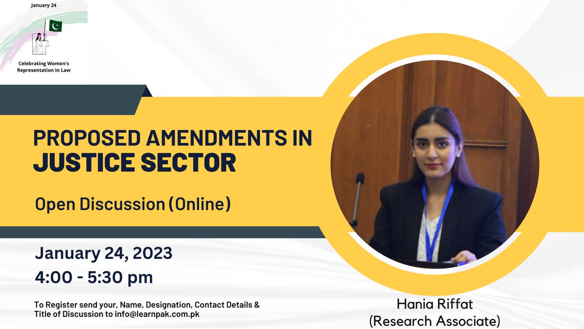 NidaUsmanCh's tweet photo. Join @HaniaRiffat and myself for the first open discussion on #JusticeSectorReforms on January 24th 2023.
Happening online!!! https://t.co/DPnambMMB6