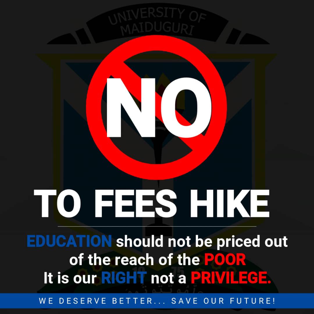 Dear, Nigeria government listen to the cries of the students and review the hike in school fees at Unimaid and other institutions.
@MBuhari 
@KadariaAhmed 
@adeyanjudeji 
@YarKafanchan 
@NationalNaus 
#UnimaidFeesHike 
#UnimaidExploits