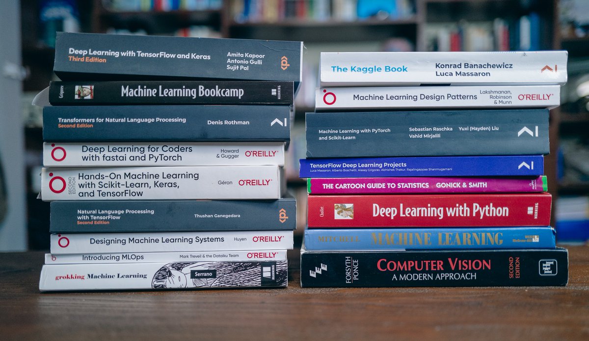 svpino's tweet photo. Here is a picture of my collection of Machine Learning books.

No, I haven't read them all. https://t.co/yVTSp83q55