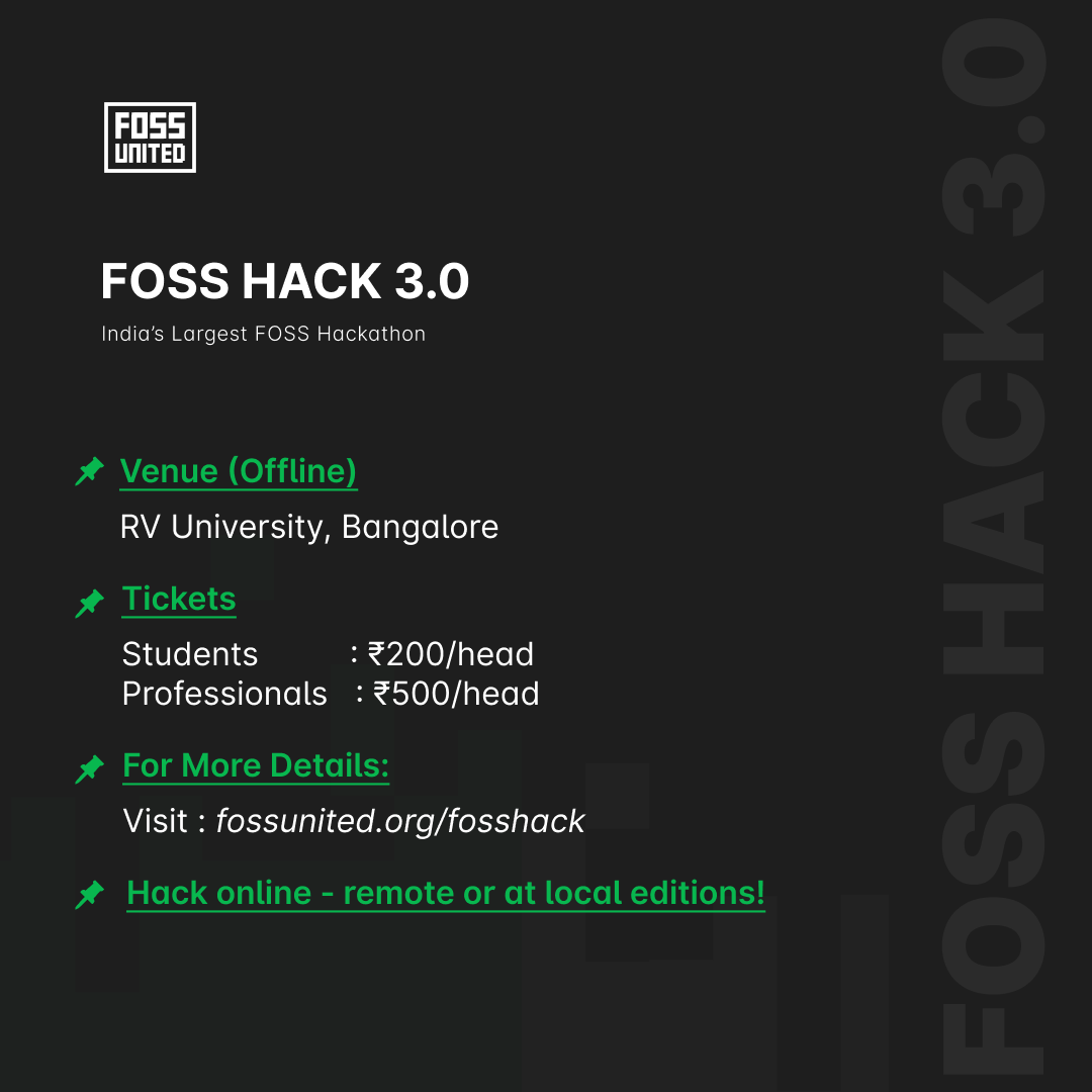FOSSHack's tweet photo. Want that offline vibe?
Hack offline in sprint at Bangalore.
Tickets are available now for students as well as for professionals. 

Can't make it to Bangalore? No worries!
You can hack online - remotely or at your local editions too.

#foss #opensource #Hackathon https://t.co/lKSg7hSBN1