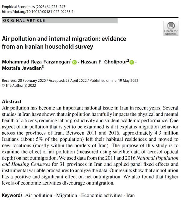 MR_Farzanegan's tweet photo. 1/4. "Air #pollution and internal #migration: evidence from an #Iranian household survey" has just been published in the latest issue of Empirical Economics #empec. (@SpringerNature)
with @mostafajavadian & @HassanFGholipo1
#OpenAccess:
https://t.co/NBv5rlV4Er https://t.co/WuxZcxp8MF