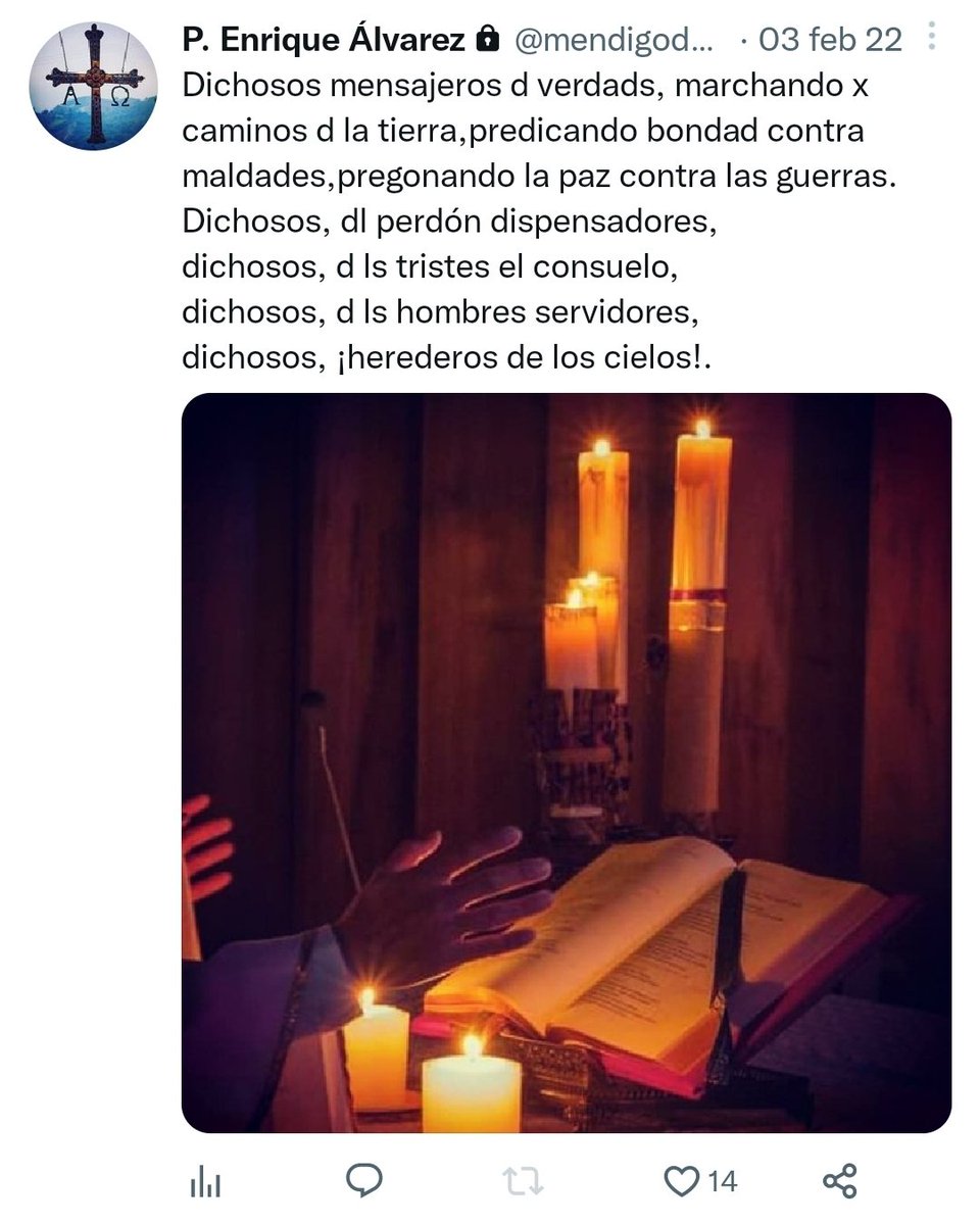 pikantony's tweet photo. Ayer me enteraba de la muerte de mi amigo @mendigodeMaria en un accidente de tráfico... su coche se salió de la carretera cuando iba al funeral de un compañero.
Comparto su último tweet para que todos podamos sumarnos a la oración y llamarle: "Dichoso, ¡Heredero del Cielo!" DEP https://t.co/dlCUlWtS4f