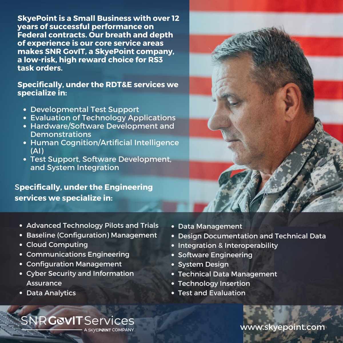 #SkyePoint is a small business with more than 12 years of successful performance on Federal contracts. Our breadth and depth of experience in our core service areas make SNR GovIT, a SkyePoint company, a low-risk, high-reward choice for RS3 task orders.

#GovCon #SNRGovIT #RS3