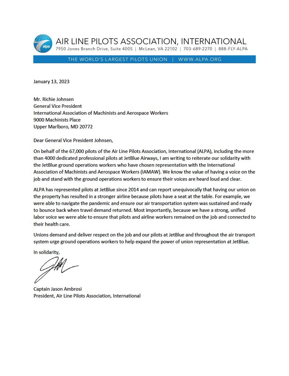 IAM4JetBlue's tweet photo. Thank you @ALPAPilots! We appreciate your support!
@MachinistsUnion @iamairtransport @IAMDistrict141 @AFLCIO @itfaviation https://t.co/rGuMIFRTVa