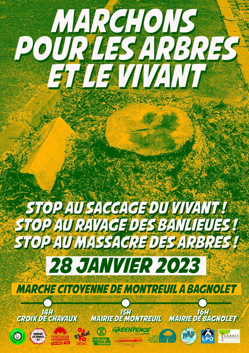 mcArrighi's tweet photo. 👏1ère grande marche en IDF pour les #Arbres
À vos agendas!
🗓Samedi 28 Janvier
RDV 14H Croix de Chavaux rue de Paris
Marchons pour protéger les arbres de Paris et de toute l'Île-de-France!
🌳Co-organisé par Protection Arbres&Faune #PAF
💪Appel de nbreuses assocs et collectifs⤵️ https://t.co/KLW4A4BatG