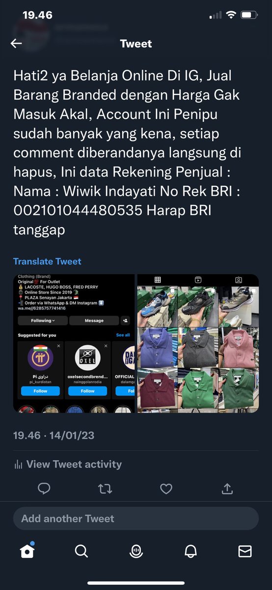 armameco's tweet photo. @kontakBRI @armuchsin Tolong pantau account penipu menggunakan BRI an Wiwien Indayani No Rek 002101044480535 https://t.co/fn22J3WXbf