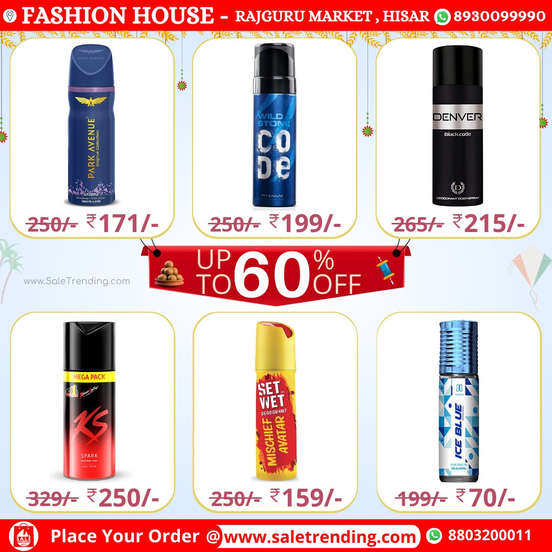 SaleTrending's tweet photo. Upto 60% off on 'Deodorants & Perfumes' @ Fashion House, Hisar!! Grab Now π
.
Click the link belowπto buy π
.
https://t.co/BeHRZFGSqP
.
#deodorant #deodorants #perfume #perfumes #deo #parkavenue #wildstone #denver #kamasutra #setwet #arochem #buydeodorant #buyperfume #buybest https://t.co/1RChj3yBF5