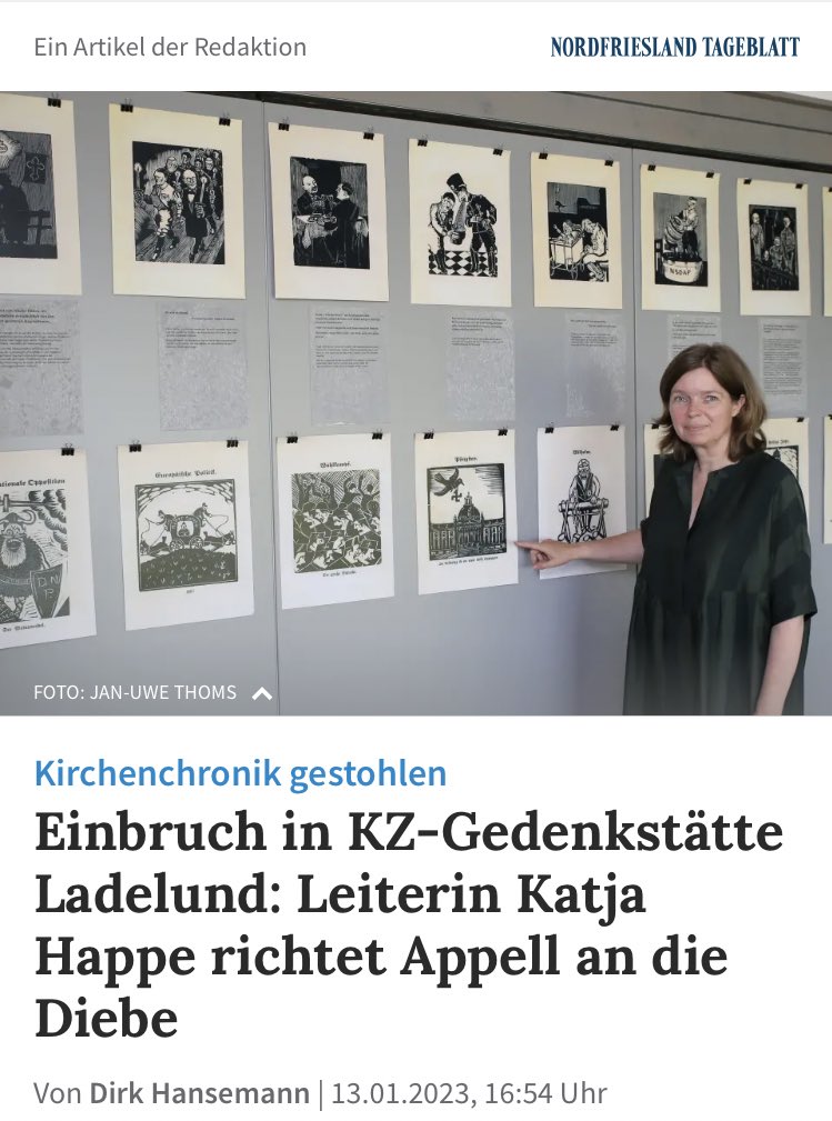 Vandaag bereikte ons het trieste nieuws vanuit #Ladelund dat de zgn kerkkroniek is gestolen vanuit Kz-Gedenkstätte. De Kroniek waarin Pastor Meyer de gebeurtenissen in 1944 gedetailleerd beschreef heeft nauwelijks financiële waarde maar is wel van onschatbare historische waarde.