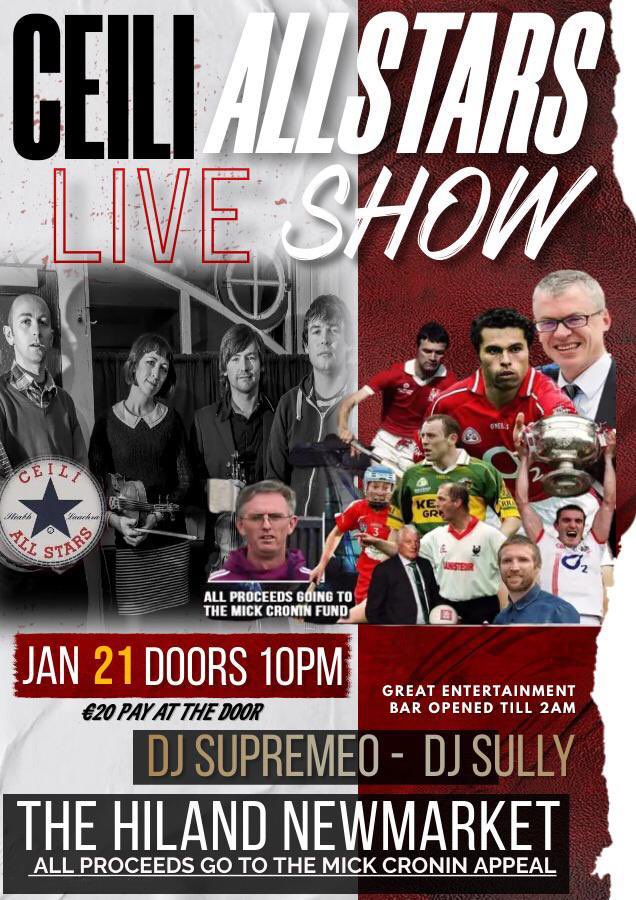 MickCroninFund's tweet photo. Mick is back on Rebel territory with his family&amp;hoping to see you at the Hiland Newmarket @SafarisCork for a fantastic event next Sat 21st Jan!

@JoeBrolly1993,@Woolberto, JBM, Tompkins, Morgan, Sean Og, Canty, Moynihan,Buckley - what a line up!

It’ll probably be quiet enough 😉 https://t.co/11ovUPEiy8