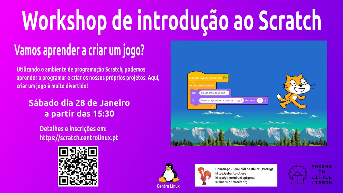 CentroLinuxPt's tweet photo. Vamos criar um jogo?
Para abrir o ano de 2023 em grande, o Artur Coelho vem dar um Workshop de Introdução ao Scratch.
É um evento especialmente dirigido aos mais novos, mas não só...

#Scratch #Programação #coding #jogos #gaming #gamedev #CentroLinux https://t.co/3nrOnzdhpt