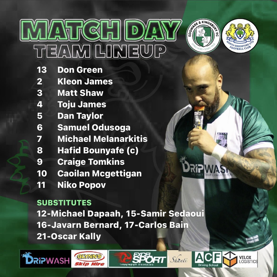 E_K_FC's tweet photo. 30 minutes until kick off ⚽️
Here’s our lineup against
North Greenford Utd
.
#COYW #Wares #GreenArmy #NonLeague #CCL #PremDiv https://t.co/d3UjmZPzqx