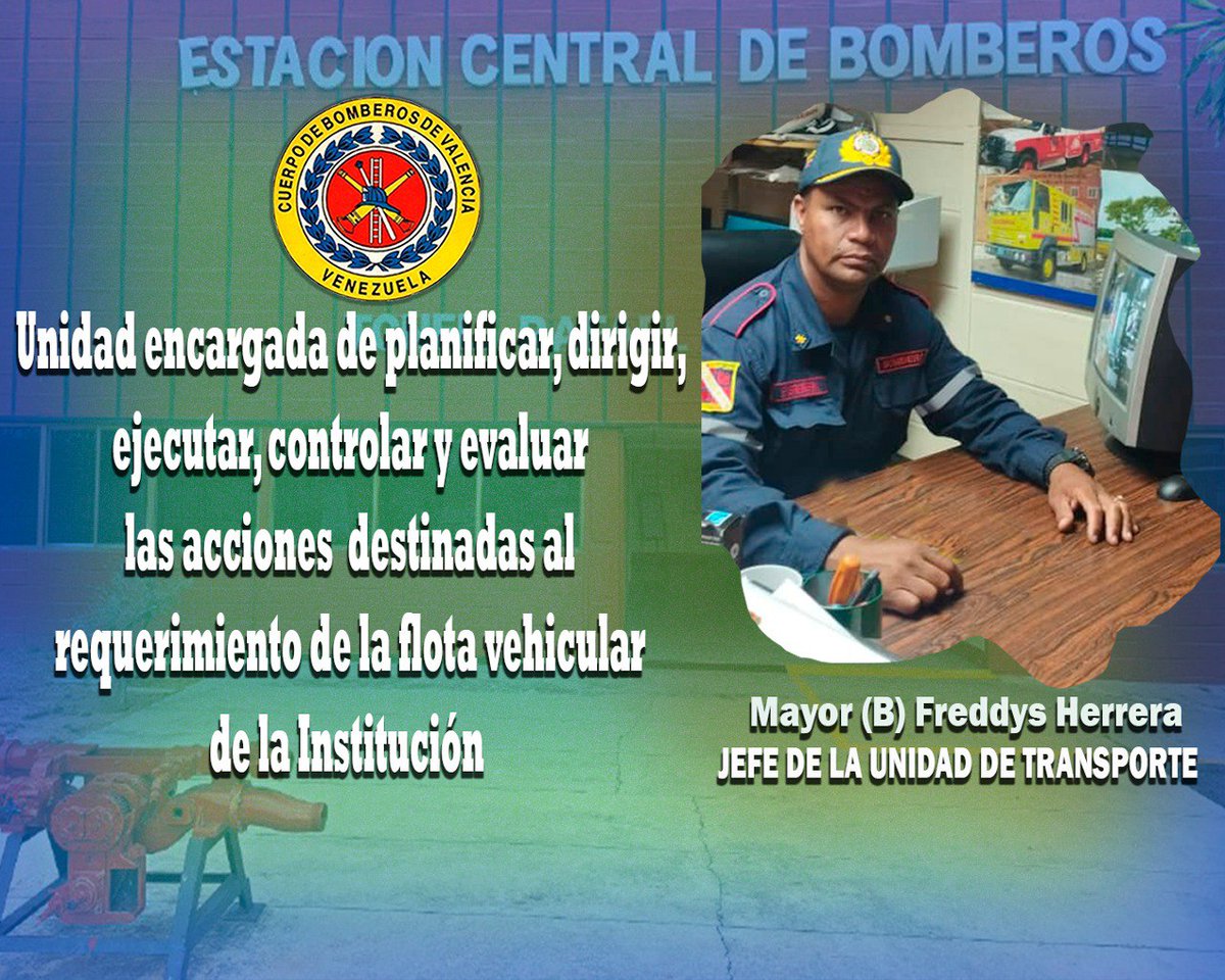 La Unidad de Transporte es dirigida por el Mayor (B) Freddys Herrera 

Unidad encargada de planificar, dirigir, ejecutar, controlar y evaluar las  acciones destinadas al requerimiento de la flota vehicular de la Institución 

@alc_valencia 
@jcfuenmayor
