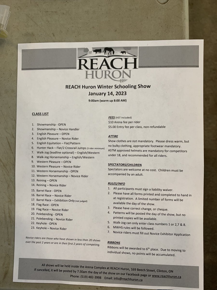 Man are we happy to be back running the REACH Winter Schooling shows!  Here’s today class list.
