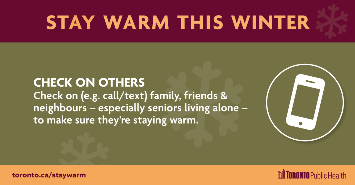 TOPublicHealth's tweet photo. The #ExtremeColdWeatherAlert continues for Toronto today. #StayWarm & check on at-risk family, friends & neighbours either by phone or in-person. More cold weather safety tips: https://t.co/LwPSwvUVQP https://t.co/Vzpw6xxmUU