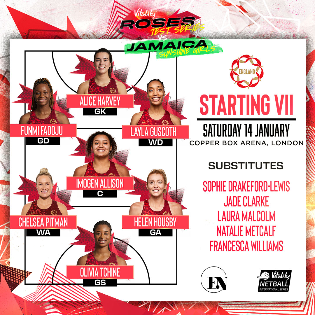 EnglandNetball's tweet photo. 📢 Your Vitality Roses starting 7 for game two!

Jo Harten has been ruled out of today’s match due to injury. https://t.co/dfgq568mSr