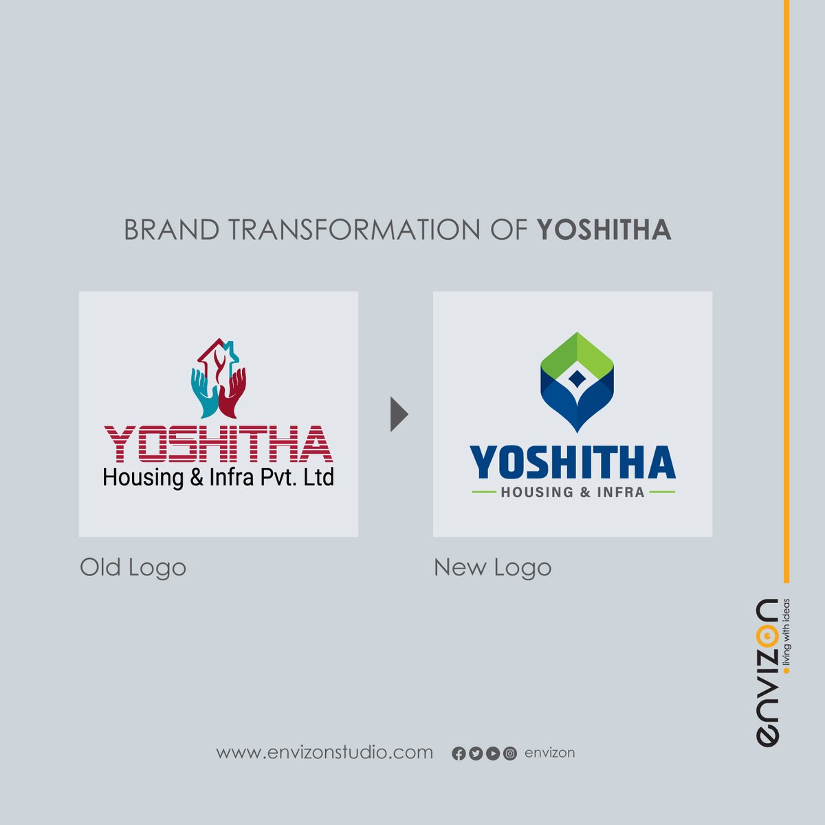 envizonstudio's tweet image. Envizon Designs, the brand consultant for Yoshitha creates a new persona, and a new brand narrative that reflects the true nature of the brand which has evolved and become bolder, evocative and more expressive.  

#logotransformation #logo #branding #realestate #yoshithainfra